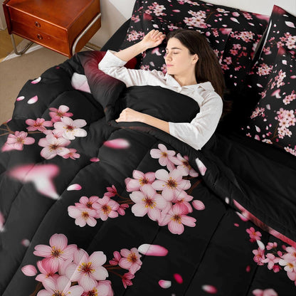 7 Pcs Pink Cherry Blossom Bedding Set Queen Size Natural Peach Blossom Decor Comforter Set Wild Flowers Japanese Style Bed in a Bag with Comforter,Flat Sheet,Fitted Sheet,2 Pillowcases,2 Pillow Covers