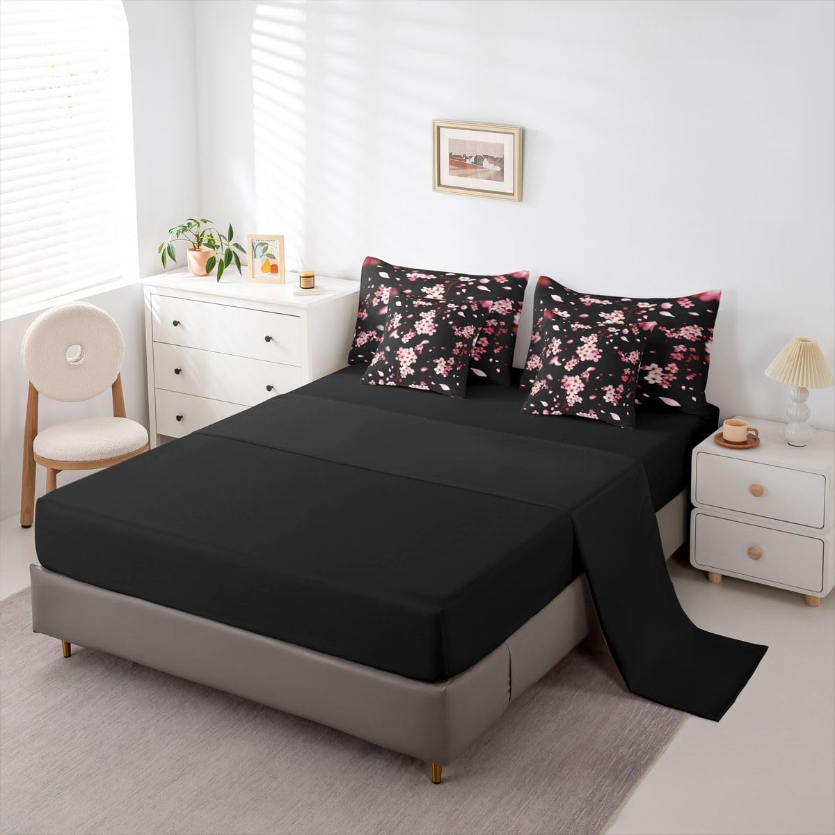 7 Pcs Pink Cherry Blossom Bedding Set Queen Size Natural Peach Blossom Decor Comforter Set Wild Flowers Japanese Style Bed in a Bag with Comforter,Flat Sheet,Fitted Sheet,2 Pillowcases,2 Pillow Covers