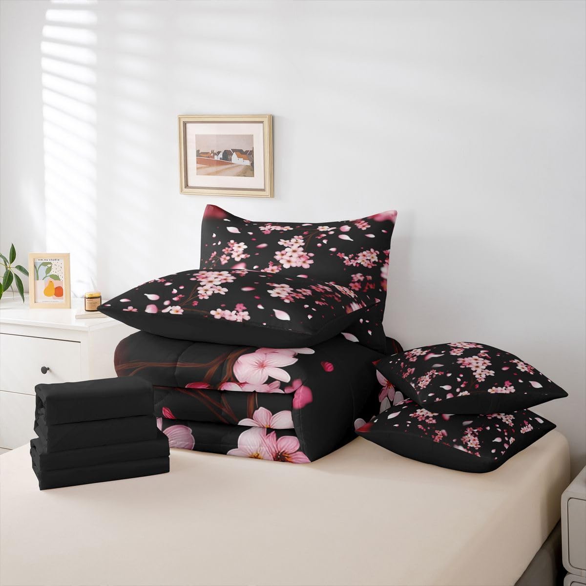 7 Pcs Pink Cherry Blossom Bedding Set Queen Size Natural Peach Blossom Decor Comforter Set Wild Flowers Japanese Style Bed in a Bag with Comforter,Flat Sheet,Fitted Sheet,2 Pillowcases,2 Pillow Covers