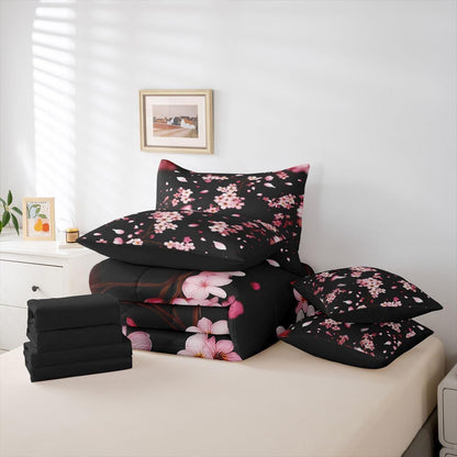 7 Pcs Pink Cherry Blossom Bedding Set Queen Size Natural Peach Blossom Decor Comforter Set Wild Flowers Japanese Style Bed in a Bag with Comforter,Flat Sheet,Fitted Sheet,2 Pillowcases,2 Pillow Covers