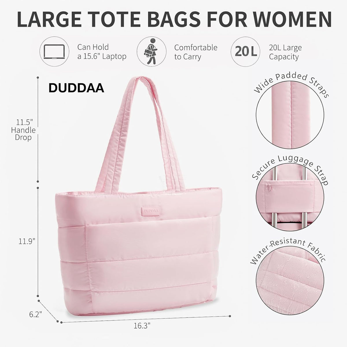 Puffer Tote Bag for Women, Large Travel Bag, Multiple Compartments for Work, Study, Gym, 20L, Fits 15.6'' Laptop