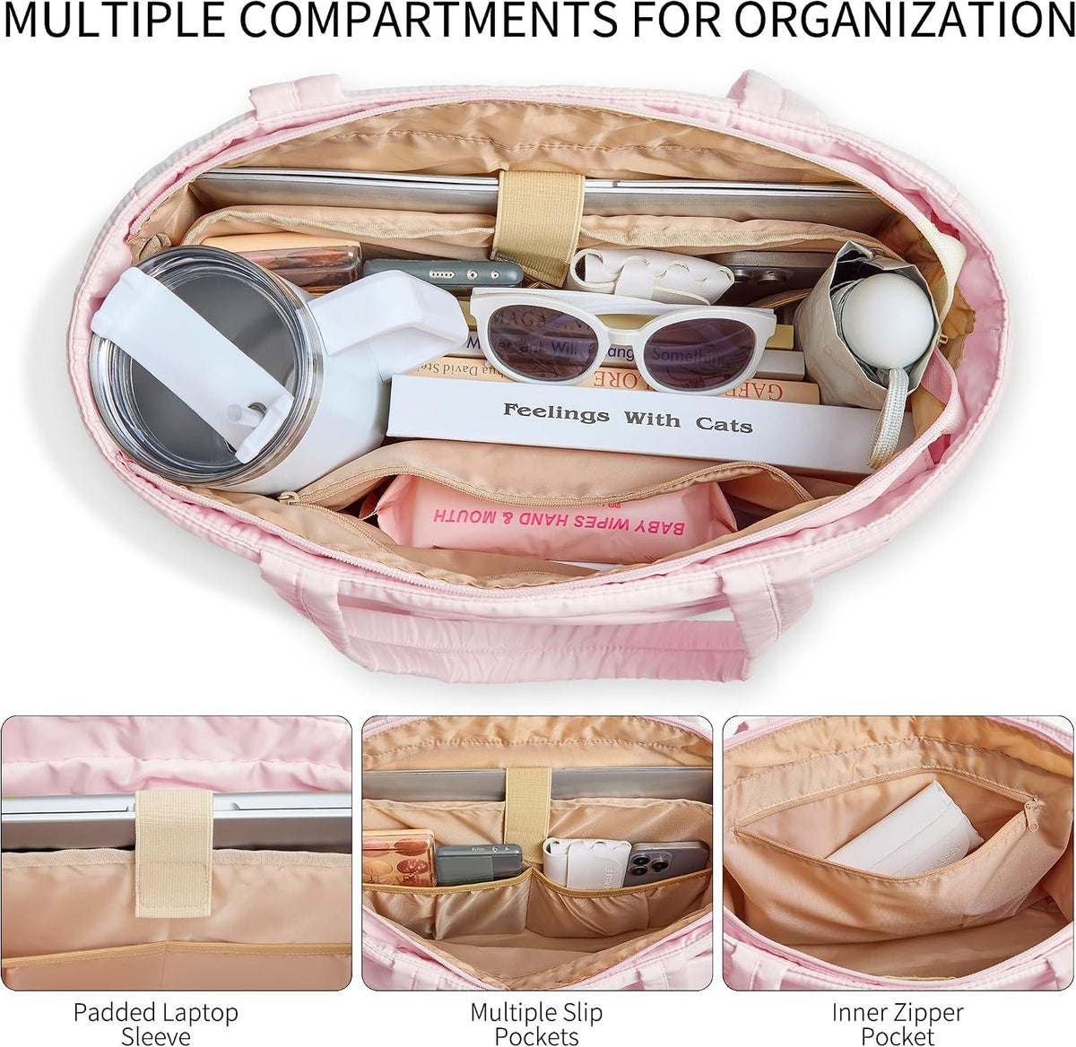 Puffer Tote Bag for Women, Large Travel Bag, Multiple Compartments for Work, Study, Gym, 20L, Fits 15.6'' Laptop