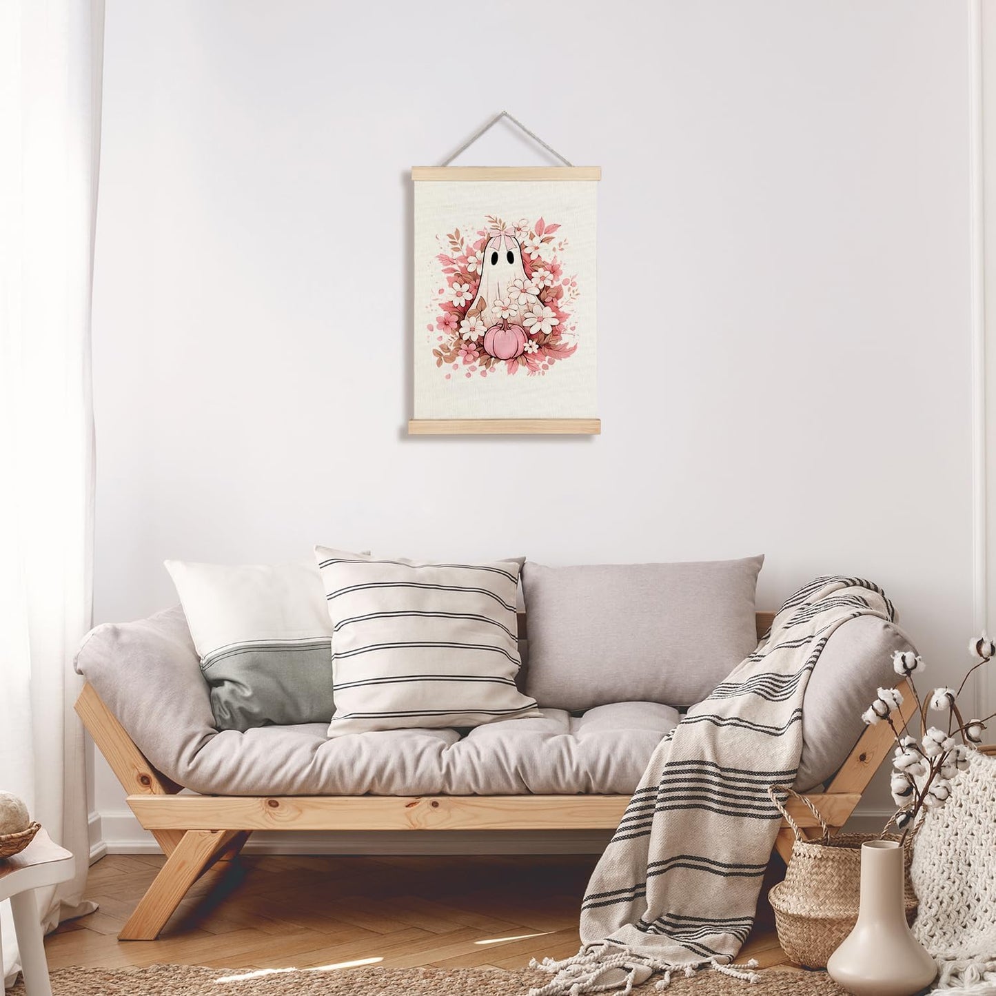 Supwhd Fall Floral Halloween Ghost Wall Art with Wooden Poster Hanger, Pink Bow Ghost Coquette Wall Decor, Coquette Preppy Room Decor, Halloween Pictures Wall Decor, 12x16