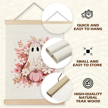 Supwhd Fall Floral Halloween Ghost Wall Art with Wooden Poster Hanger, Pink Bow Ghost Coquette Wall Decor, Coquette Preppy Room Decor, Halloween Pictures Wall Decor, 12x16