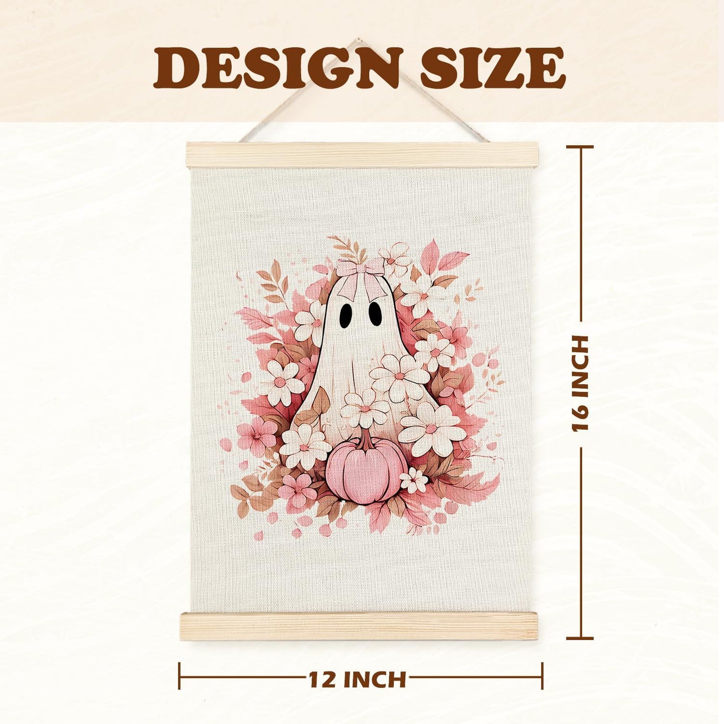 Supwhd Fall Floral Halloween Ghost Wall Art with Wooden Poster Hanger, Pink Bow Ghost Coquette Wall Decor, Coquette Preppy Room Decor, Halloween Pictures Wall Decor, 12x16