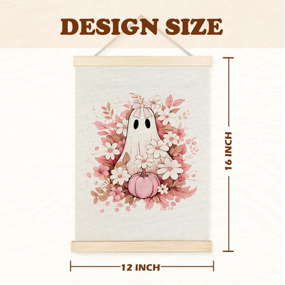 Supwhd Fall Floral Halloween Ghost Wall Art with Wooden Poster Hanger, Pink Bow Ghost Coquette Wall Decor, Coquette Preppy Room Decor, Halloween Pictures Wall Decor, 12x16