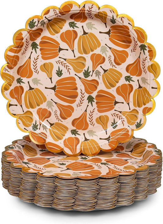 Confettiville Thanksgiving Paper Plates, 50-Count Disposable Thanksgiving Dinner Plates, Scalloped, Party Supplies, Pumpkins, Peach