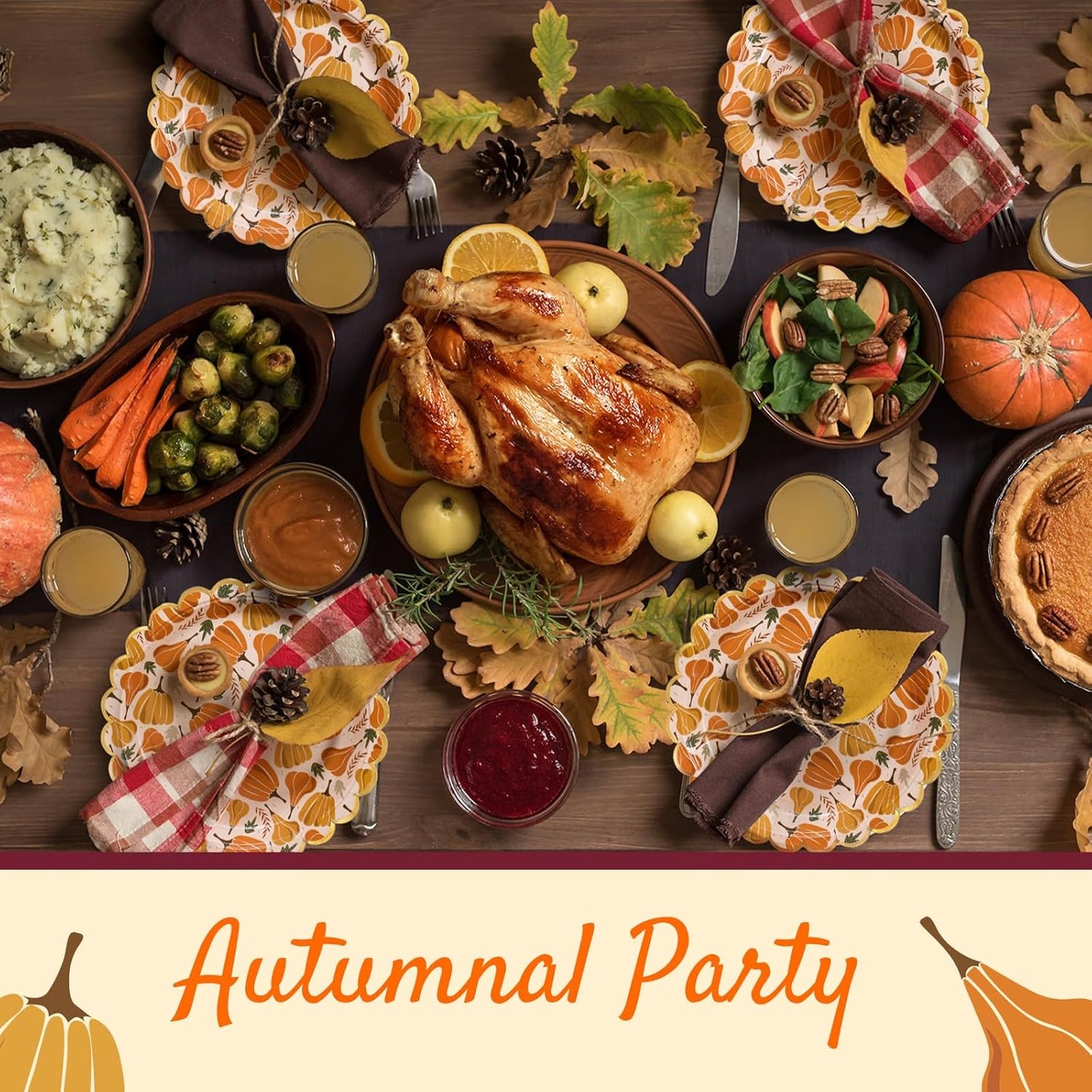 Confettiville Thanksgiving Paper Plates, 50-Count Disposable Thanksgiving Dinner Plates, Scalloped, Party Supplies, Pumpkins, Peach