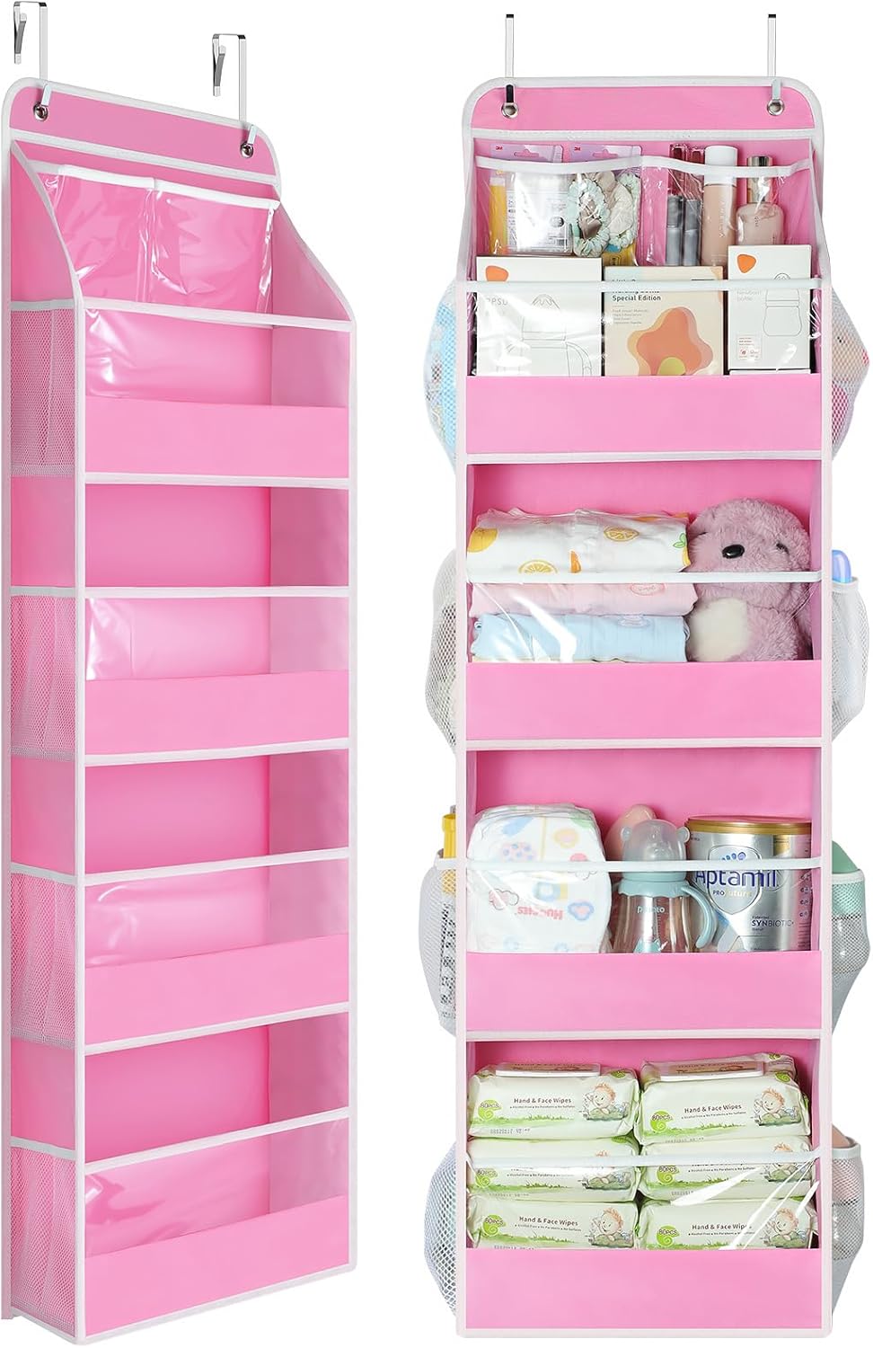 5 Tier Over the Door Organizer, Swing-proof Door Organizer Hanging with Clear PVC Windows, Behind the Door Storage for Bedroom Nursery Closet Laundry Pantry Bathroom, Pink