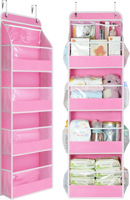 5 Tier Over the Door Organizer, Swing-proof Door Organizer Hanging with Clear PVC Windows, Behind the Door Storage for Bedroom Nursery Closet Laundry Pantry Bathroom, Pink