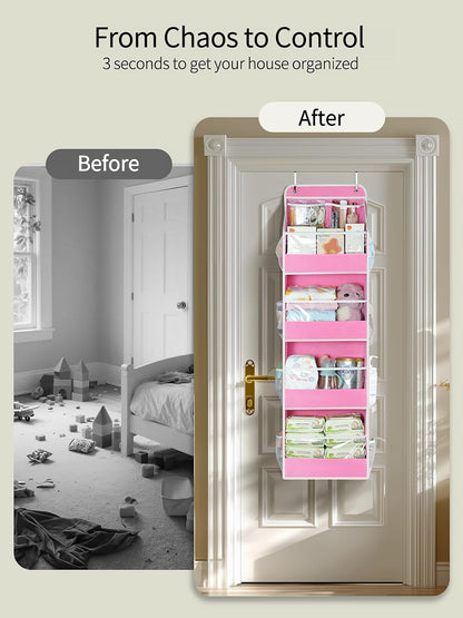 5 Tier Over the Door Organizer, Swing-proof Door Organizer Hanging with Clear PVC Windows, Behind the Door Storage for Bedroom Nursery Closet Laundry Pantry Bathroom, Pink