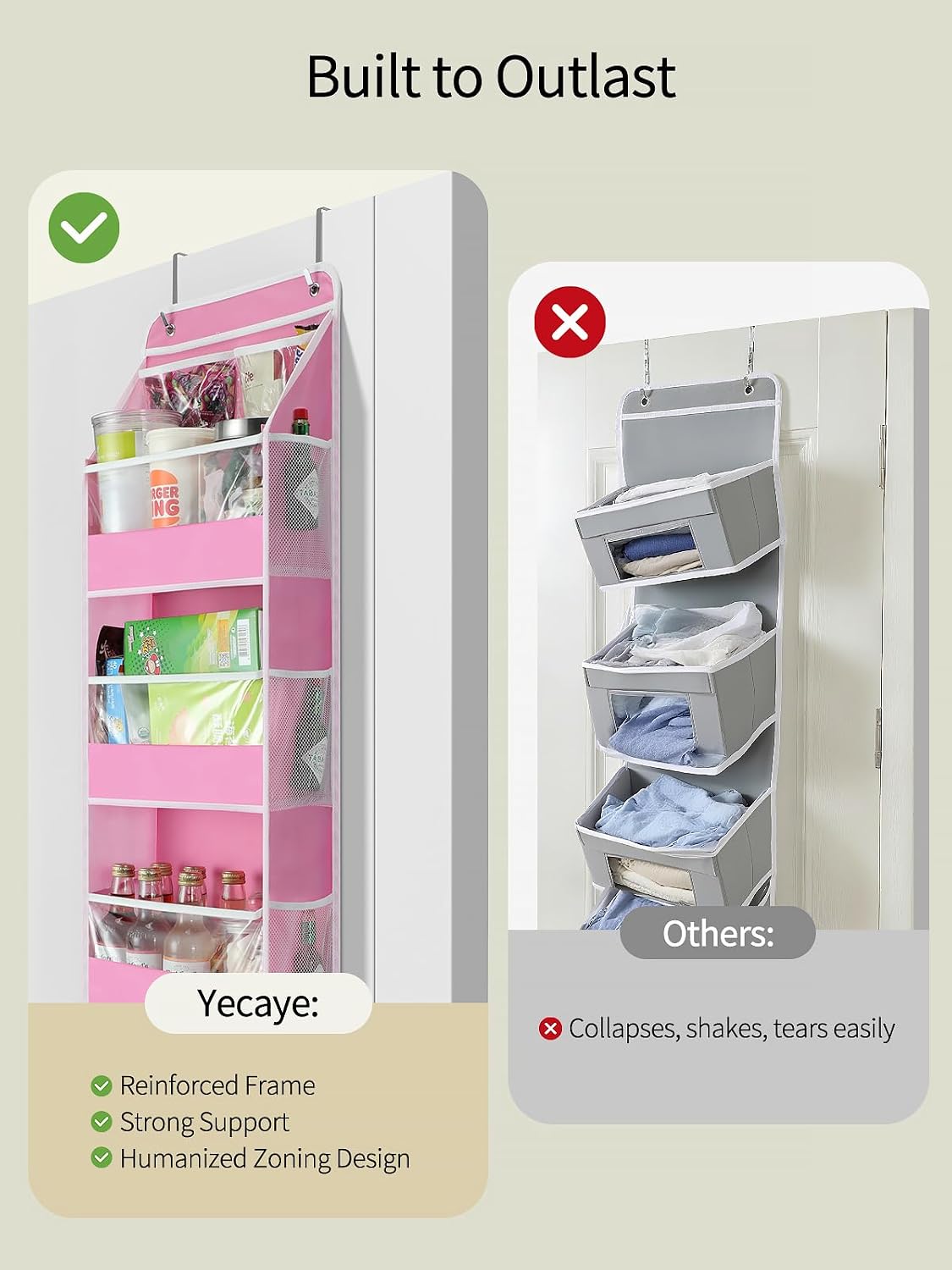 5 Tier Over the Door Organizer, Swing-proof Door Organizer Hanging with Clear PVC Windows, Behind the Door Storage for Bedroom Nursery Closet Laundry Pantry Bathroom, Pink