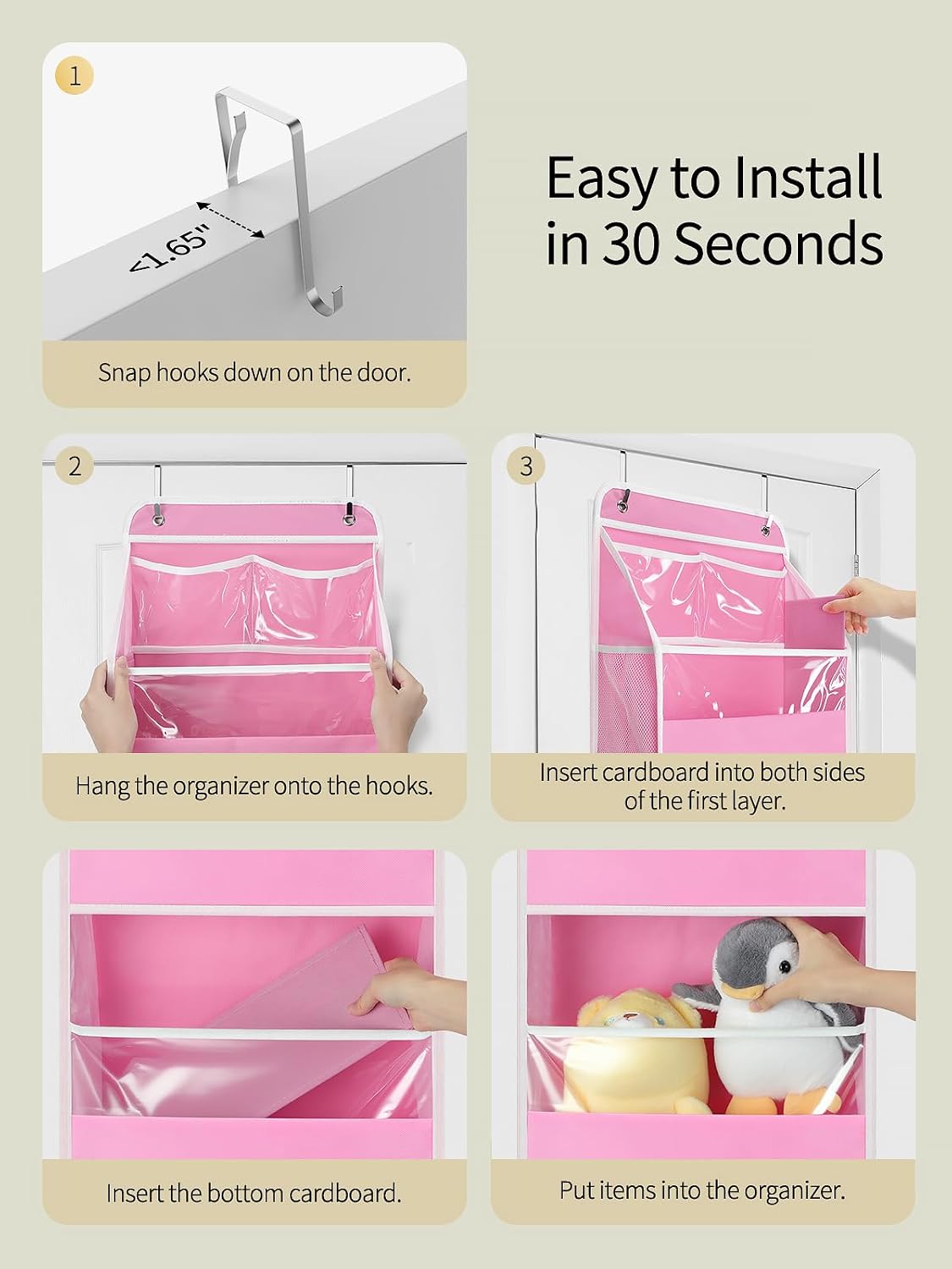 5 Tier Over the Door Organizer, Swing-proof Door Organizer Hanging with Clear PVC Windows, Behind the Door Storage for Bedroom Nursery Closet Laundry Pantry Bathroom, Pink
