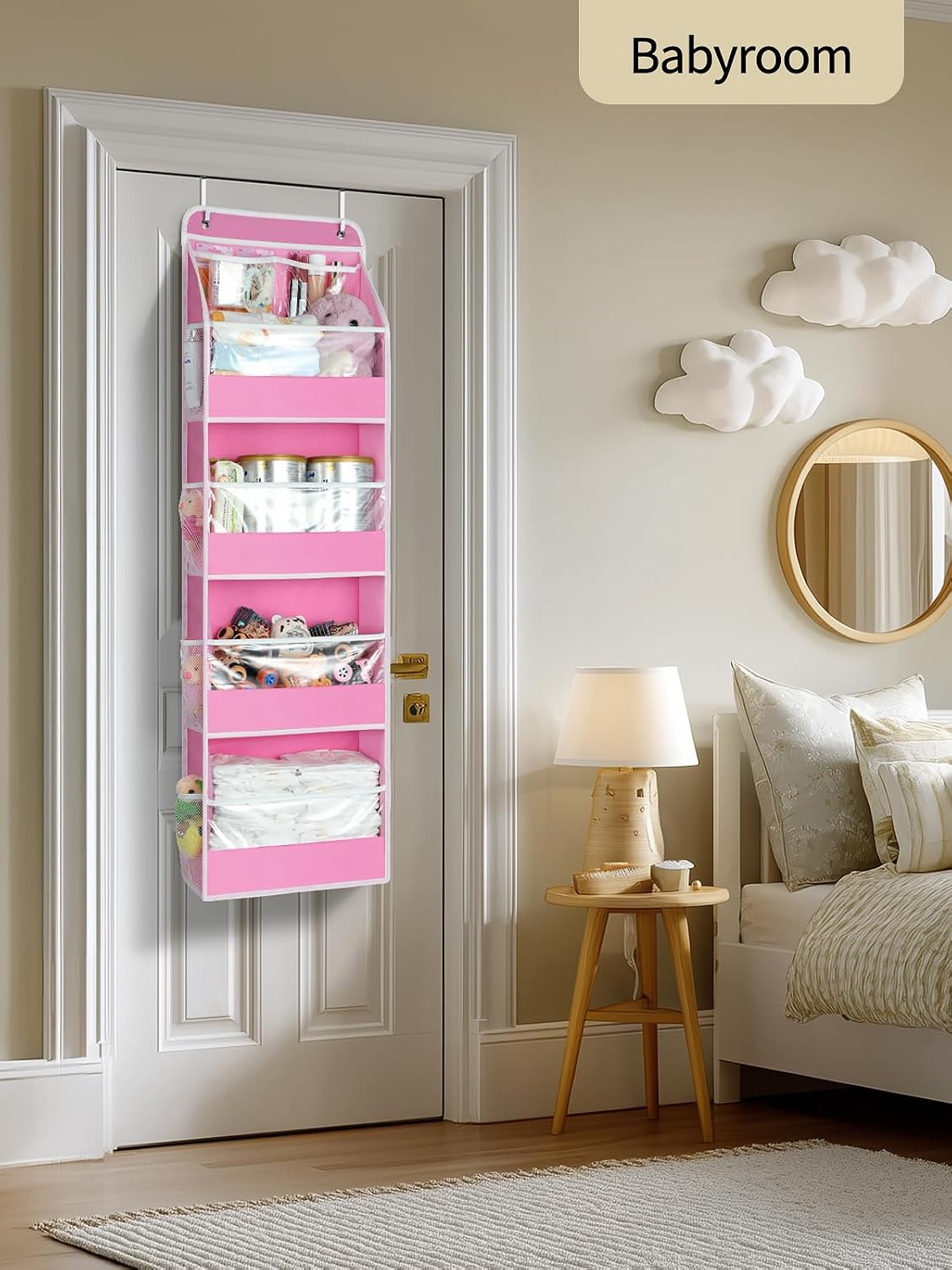 5 Tier Over the Door Organizer, Swing-proof Door Organizer Hanging with Clear PVC Windows, Behind the Door Storage for Bedroom Nursery Closet Laundry Pantry Bathroom, Pink