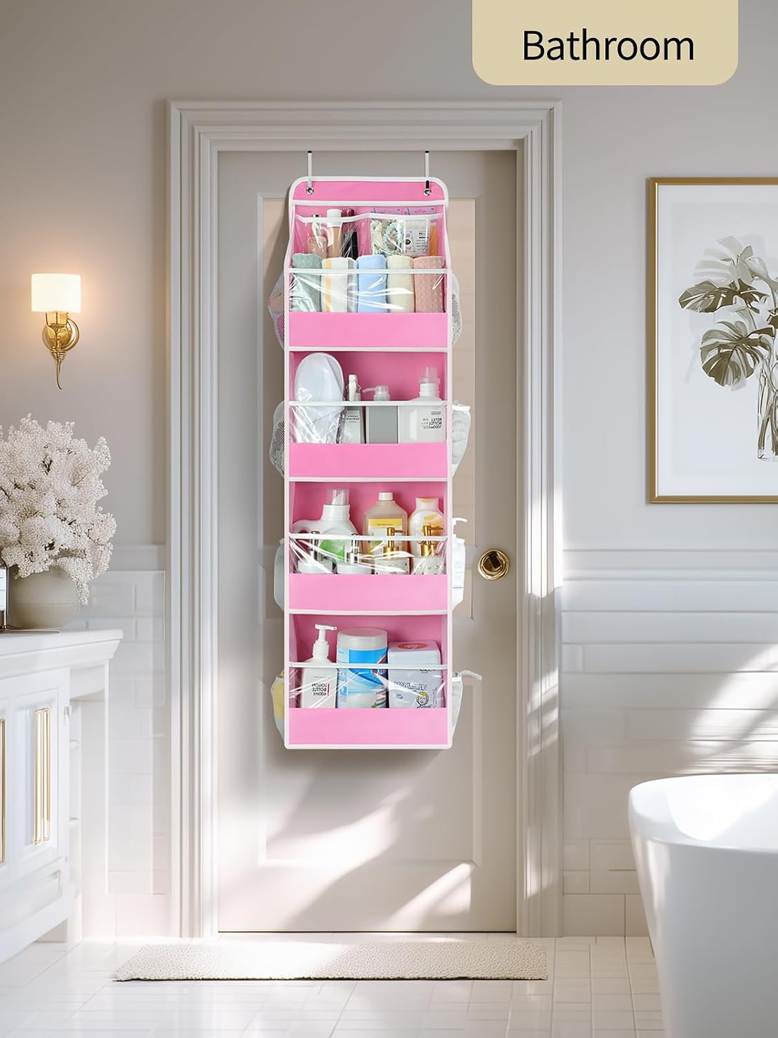 5 Tier Over the Door Organizer, Swing-proof Door Organizer Hanging with Clear PVC Windows, Behind the Door Storage for Bedroom Nursery Closet Laundry Pantry Bathroom, Pink