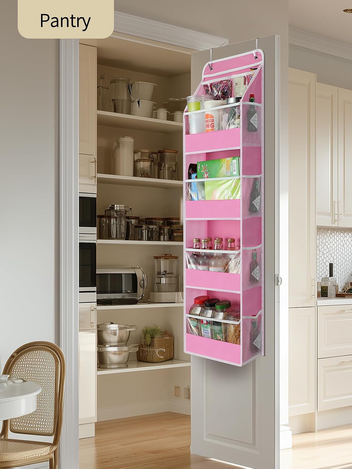 5 Tier Over the Door Organizer, Swing-proof Door Organizer Hanging with Clear PVC Windows, Behind the Door Storage for Bedroom Nursery Closet Laundry Pantry Bathroom, Pink