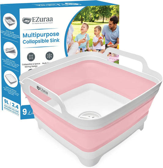 2.4 gal(9L) Pink Collapsible Dish Basin, Portable Sink or Dish Pan for Kitchen Sink with Drain Plug/Strainer, Space Saving Baby Bottle Wash Basin Collapsible Bucket, Beverage Tub for Camping
