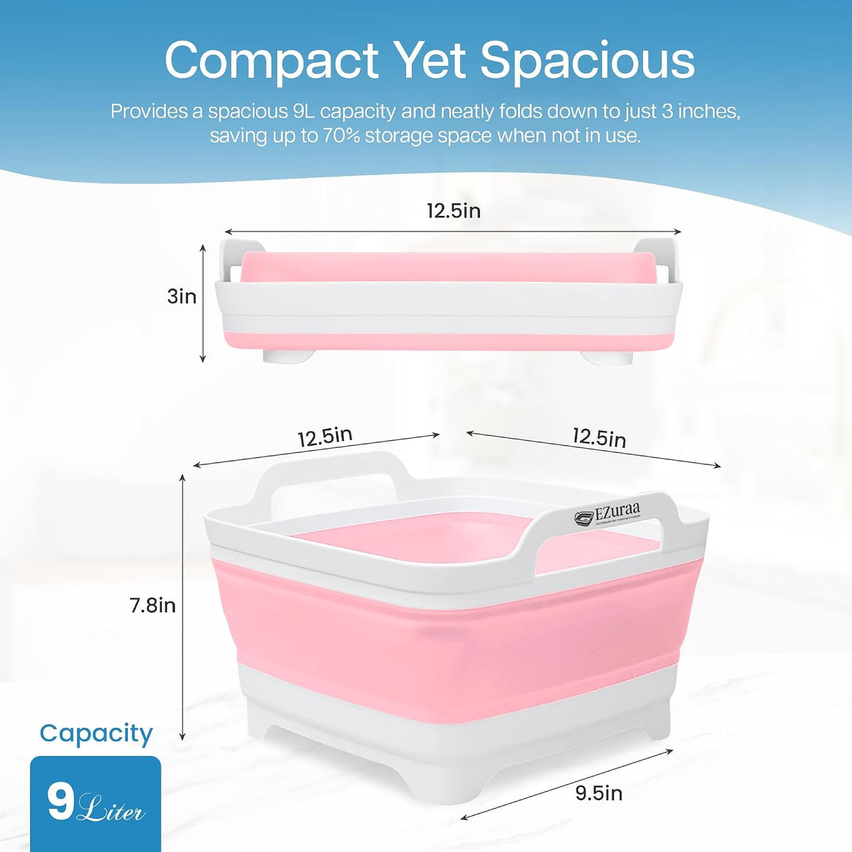 2.4 gal(9L) Pink Collapsible Dish Basin, Portable Sink or Dish Pan for Kitchen Sink with Drain Plug/Strainer, Space Saving Baby Bottle Wash Basin Collapsible Bucket, Beverage Tub for Camping