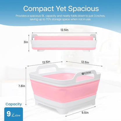 2.4 gal(9L) Pink Collapsible Dish Basin, Portable Sink or Dish Pan for Kitchen Sink with Drain Plug/Strainer, Space Saving Baby Bottle Wash Basin Collapsible Bucket, Beverage Tub for Camping