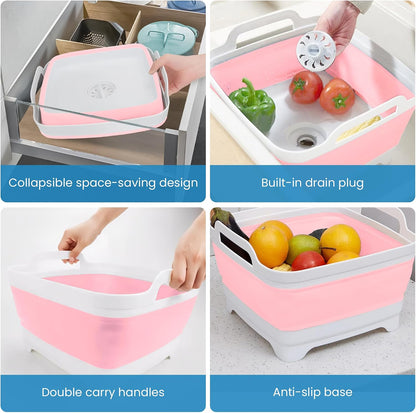 2.4 gal(9L) Pink Collapsible Dish Basin, Portable Sink or Dish Pan for Kitchen Sink with Drain Plug/Strainer, Space Saving Baby Bottle Wash Basin Collapsible Bucket, Beverage Tub for Camping