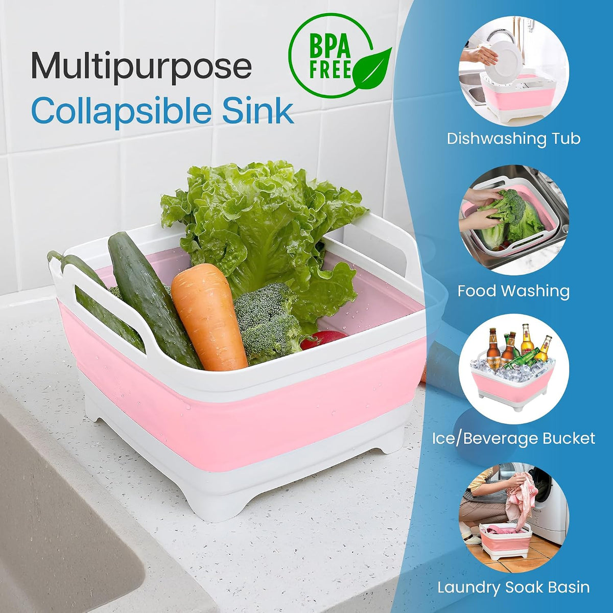 2.4 gal(9L) Pink Collapsible Dish Basin, Portable Sink or Dish Pan for Kitchen Sink with Drain Plug/Strainer, Space Saving Baby Bottle Wash Basin Collapsible Bucket, Beverage Tub for Camping