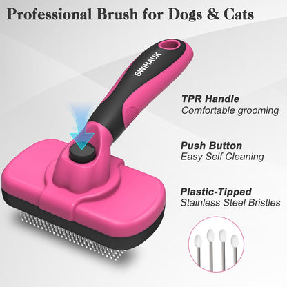 Self Cleaning Slicker Brush for Dogs & Cats - Skin Friendly Grooming, Deshedding, Hair Removal for Puppies & Long/Short Haired Pets, Pet Supplies Accessory, Pink