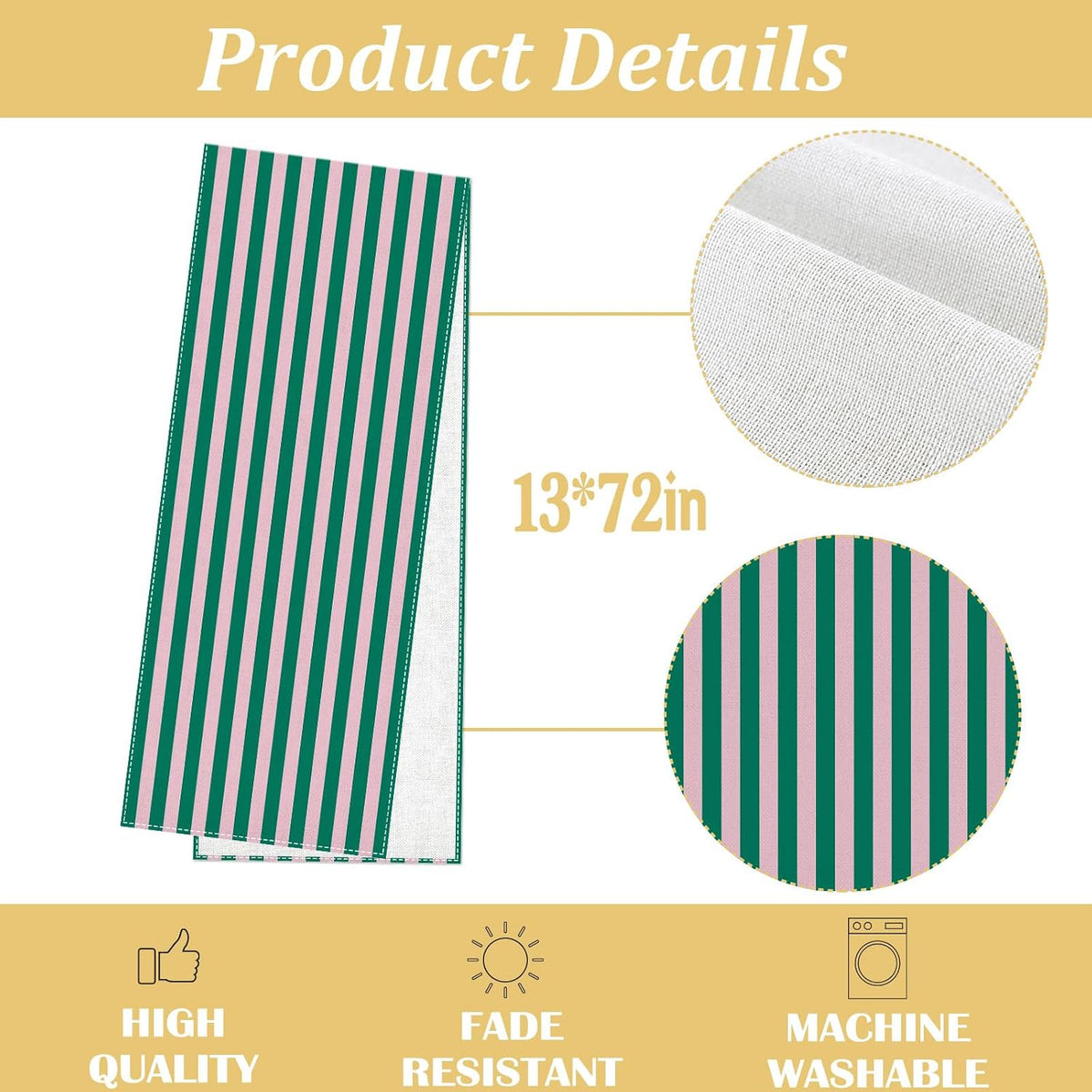 Light Pink and Green Cabana Stripe Table Runner Summer Pool Kids Birthday Baby Shower Wedding Party Decoration Home Kitchen Dining Room Table Decor (Green, 13" x 72")