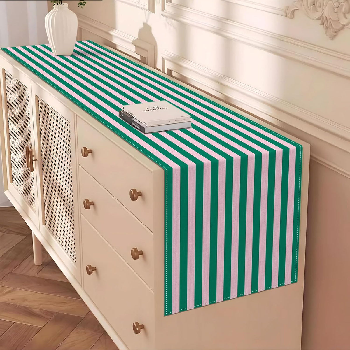 Light Pink and Green Cabana Stripe Table Runner Summer Pool Kids Birthday Baby Shower Wedding Party Decoration Home Kitchen Dining Room Table Decor (Green, 13" x 72")