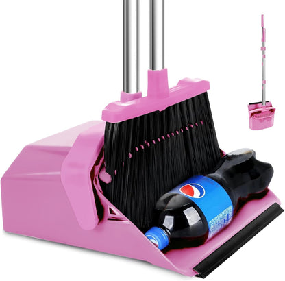 Broom with Dustpan Combo Set, 51'' Broom and Dustpan Set, Brooms and Dust Pan with Handle, Brooms with Standing Dustpans, House Broom for Pets Hair and Floor Cleaning - Pink