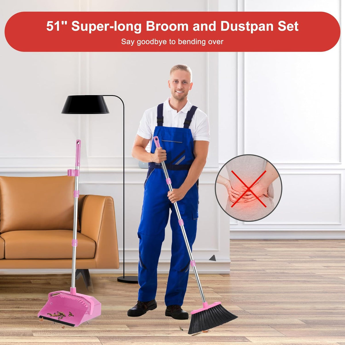Broom with Dustpan Combo Set, 51'' Broom and Dustpan Set, Brooms and Dust Pan with Handle, Brooms with Standing Dustpans, House Broom for Pets Hair and Floor Cleaning - Pink