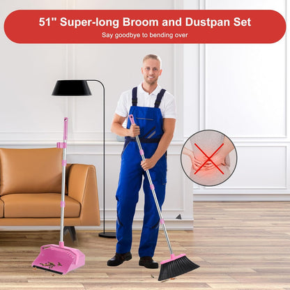 Broom with Dustpan Combo Set, 51'' Broom and Dustpan Set, Brooms and Dust Pan with Handle, Brooms with Standing Dustpans, House Broom for Pets Hair and Floor Cleaning - Pink