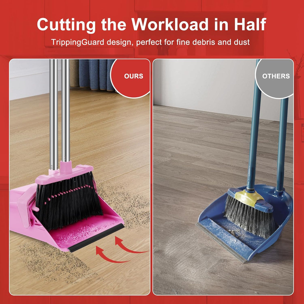 Broom with Dustpan Combo Set, 51'' Broom and Dustpan Set, Brooms and Dust Pan with Handle, Brooms with Standing Dustpans, House Broom for Pets Hair and Floor Cleaning - Pink