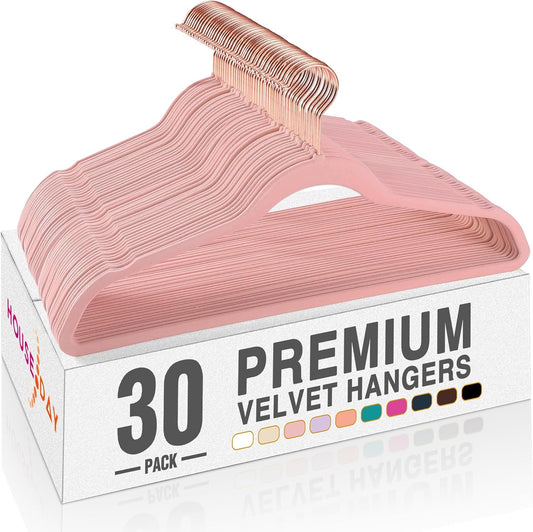 Velvet Hangers 30 Pack, Premium Non-Slip Felt Hangers, Sturdy Pink Clothes Hanger Heavy Duty, Space Saving Durable Suit Coat Hanger, 360° Rotating Rose Gold Hook