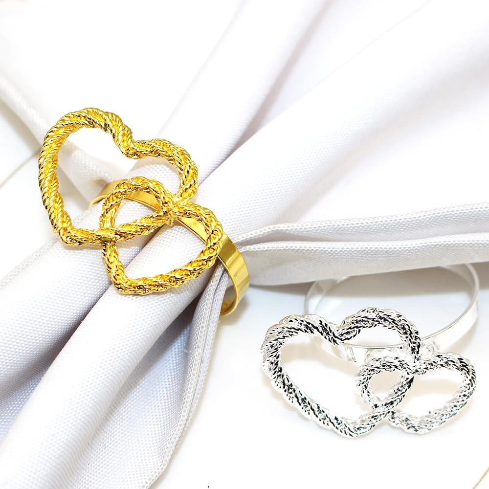 Simple Double Ring Love Napkin Button Valentine's Day Heart Shaped Napkin Ring Peach Heart Mouth Cloth Ring Restaurant Hotel Desktop Decoration -12 Pieces (Rose Gold)