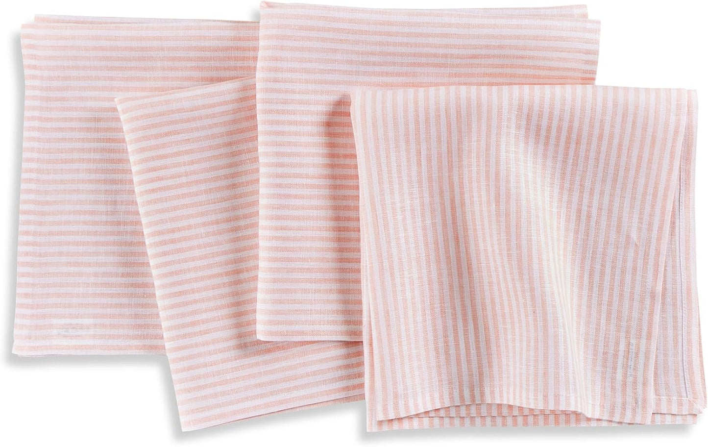 Solino Home 100% Pure Linen Napkins Set of 4 - Narrow Stripe Peach and White Cloth Dinner Napkins 20x20 Inch, Handcrafted Machine Washable - Spring, Summer