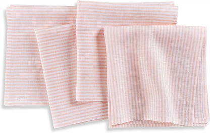 Solino Home 100% Pure Linen Napkins Set of 4 - Narrow Stripe Peach and White Cloth Dinner Napkins 20x20 Inch, Handcrafted Machine Washable - Spring, Summer