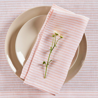 Solino Home 100% Pure Linen Napkins Set of 4 - Narrow Stripe Peach and White Cloth Dinner Napkins 20x20 Inch, Handcrafted Machine Washable - Spring, Summer