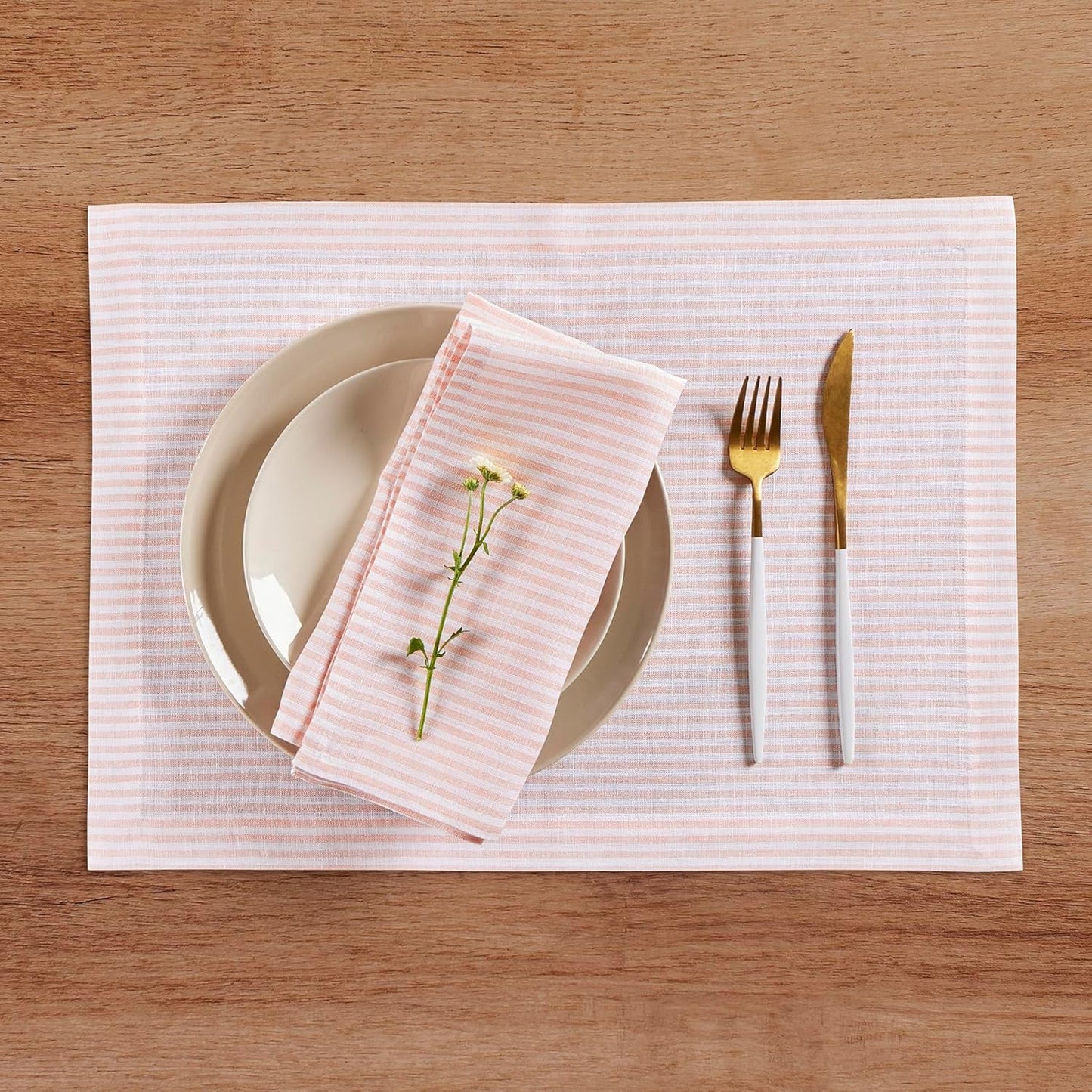 Solino Home 100% Pure Linen Napkins Set of 4 - Narrow Stripe Peach and White Cloth Dinner Napkins 20x20 Inch, Handcrafted Machine Washable - Spring, Summer
