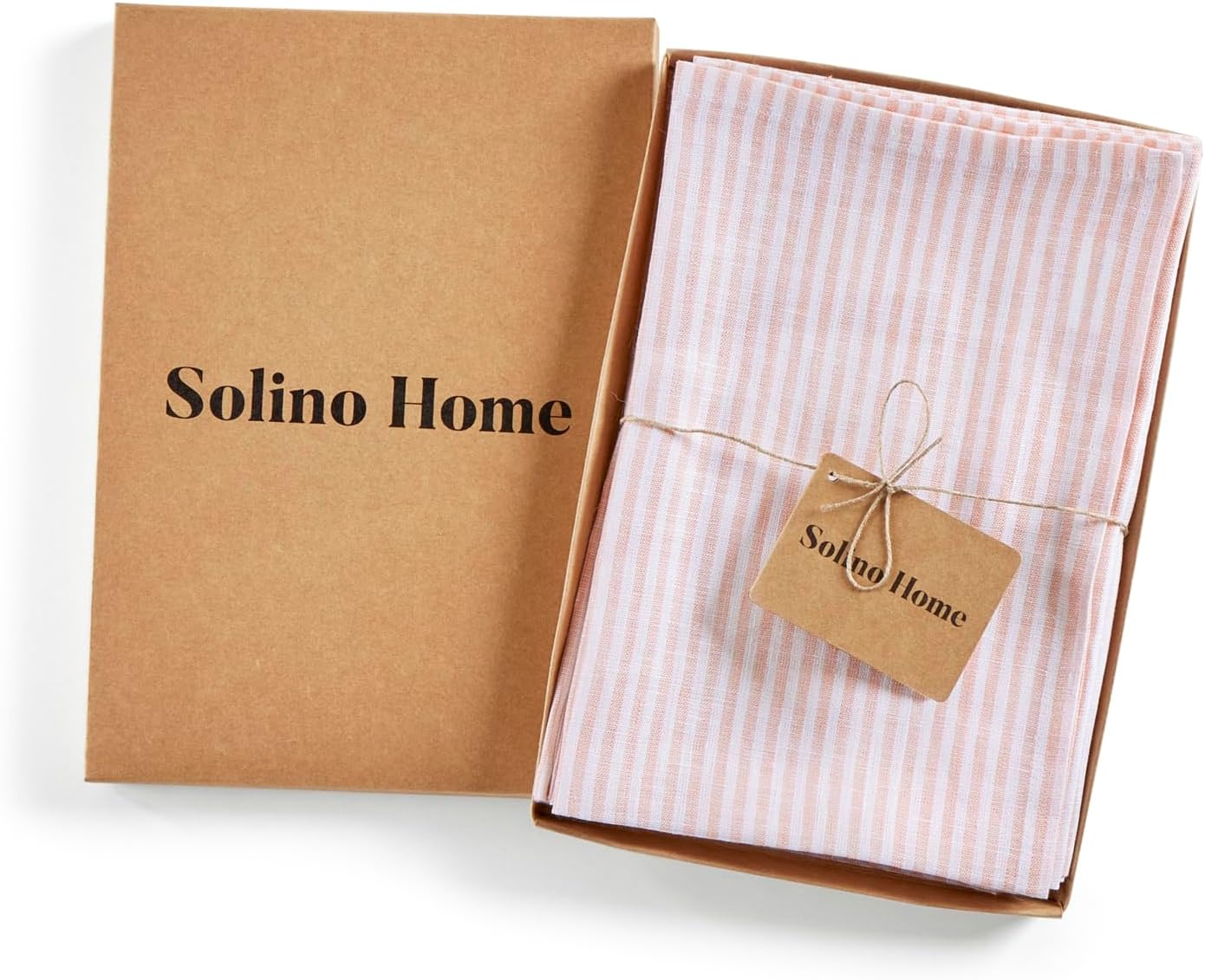Solino Home 100% Pure Linen Napkins Set of 4 - Narrow Stripe Peach and White Cloth Dinner Napkins 20x20 Inch, Handcrafted Machine Washable - Spring, Summer