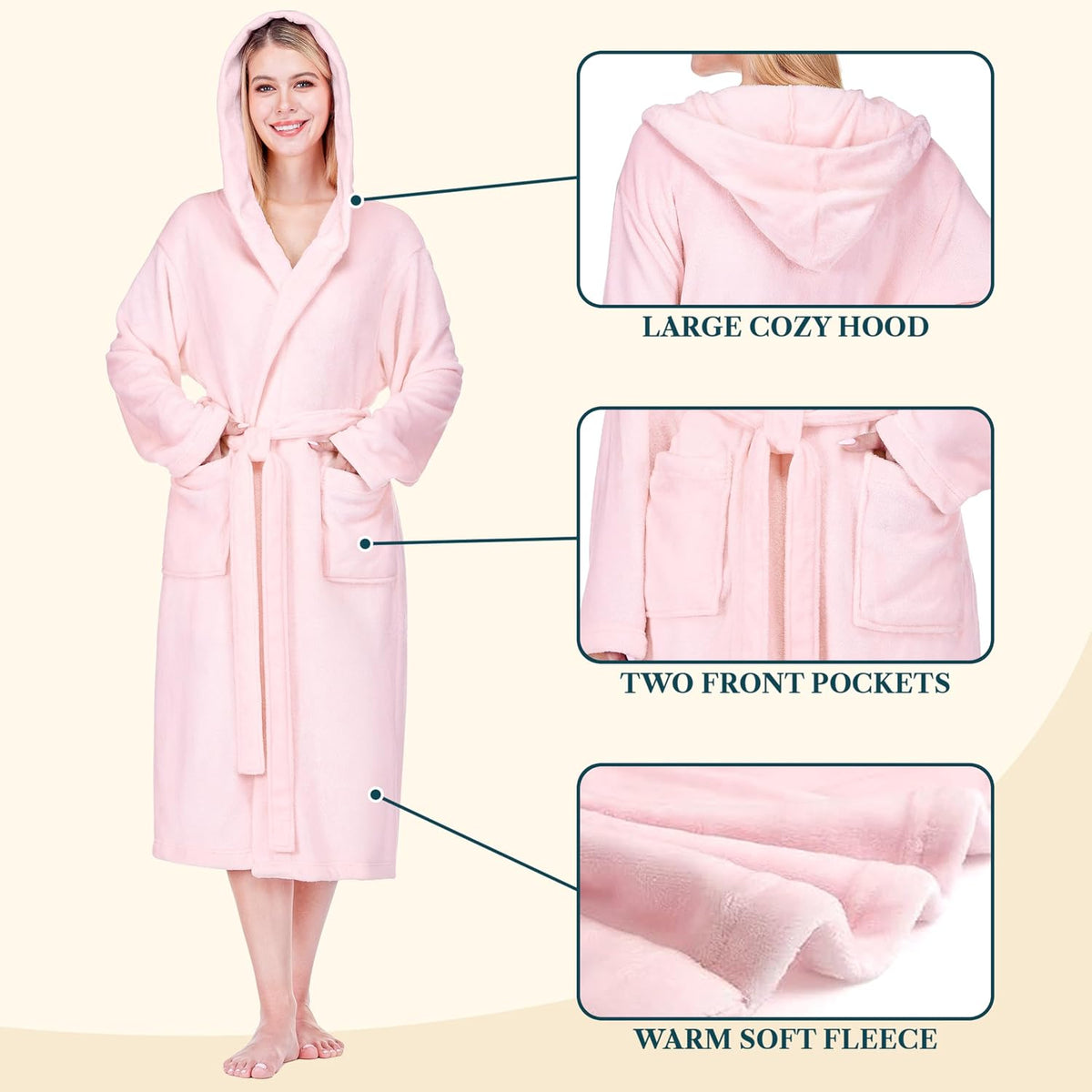 Womens Hooded Fleece Robe, Soft Plush Long Bathrobe with Hood