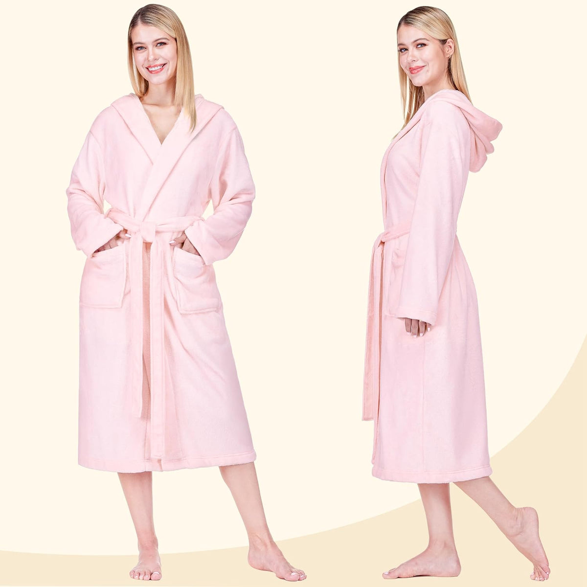 Womens Hooded Fleece Robe, Soft Plush Long Bathrobe with Hood