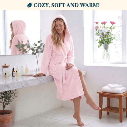 Womens Hooded Fleece Robe, Soft Plush Long Bathrobe with Hood
