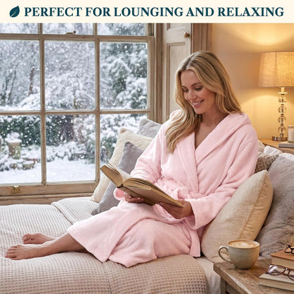 Womens Hooded Fleece Robe, Soft Plush Long Bathrobe with Hood