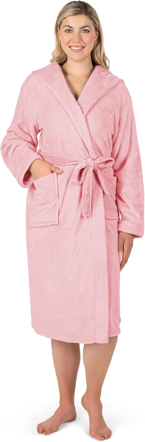 Womens Hooded Fleece Robe, Soft Plush Long Bathrobe with Hood