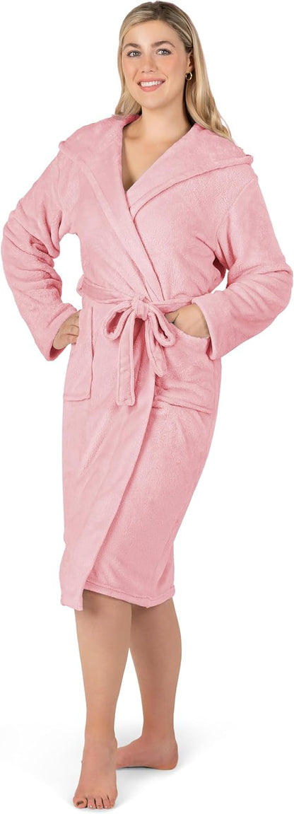 Womens Hooded Fleece Robe, Soft Plush Long Bathrobe with Hood