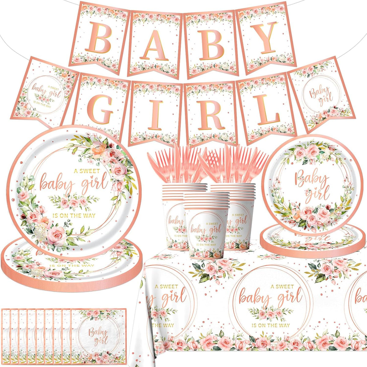 Rose Gold Baby Shower Plates and Napkins Girl Serve 20, Pink Floral Baby Shower Plates Napkins Cups Banner Tablecloth Forks Knives Decorations Party Supplies