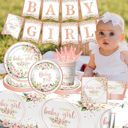Rose Gold Baby Shower Plates and Napkins Girl Serve 20, Pink Floral Baby Shower Plates Napkins Cups Banner Tablecloth Forks Knives Decorations Party Supplies