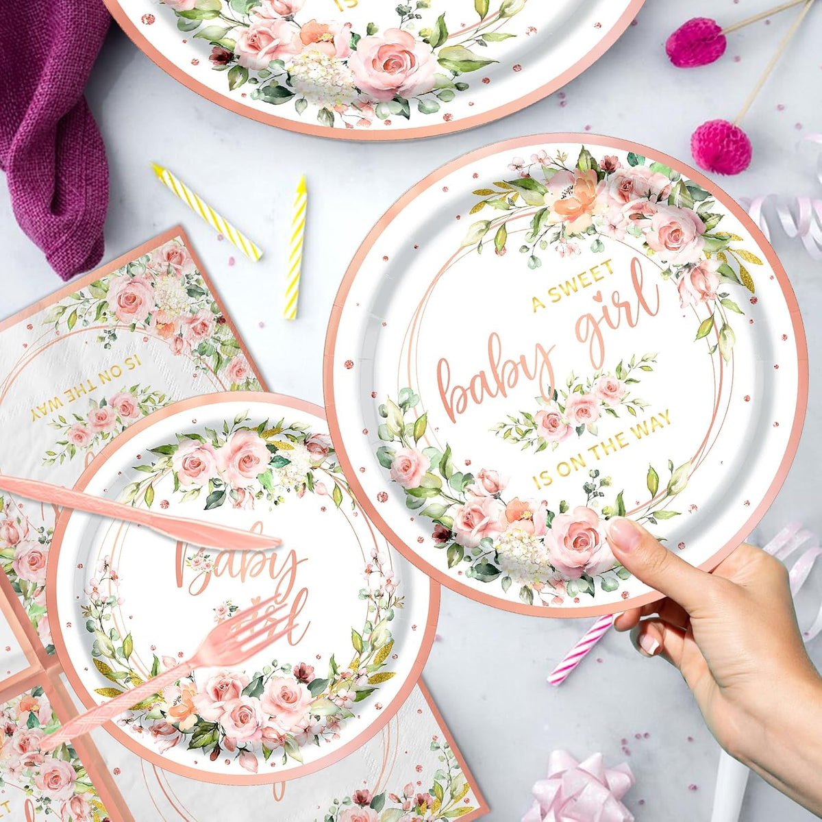 Rose Gold Baby Shower Plates and Napkins Girl Serve 20, Pink Floral Baby Shower Plates Napkins Cups Banner Tablecloth Forks Knives Decorations Party Supplies