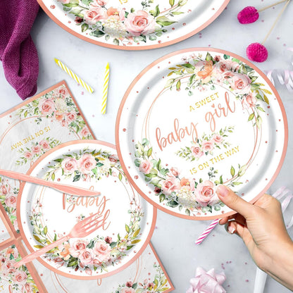 Rose Gold Baby Shower Plates and Napkins Girl Serve 20, Pink Floral Baby Shower Plates Napkins Cups Banner Tablecloth Forks Knives Decorations Party Supplies