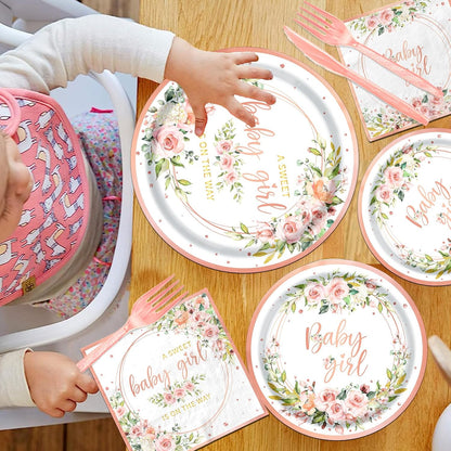 Rose Gold Baby Shower Plates and Napkins Girl Serve 20, Pink Floral Baby Shower Plates Napkins Cups Banner Tablecloth Forks Knives Decorations Party Supplies